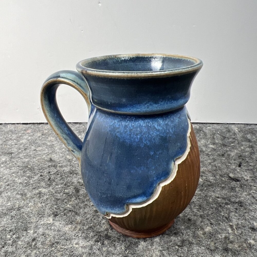 Studio Pottery Belly Coffee Mug Blue Drip Glaze Brown Carved Signed By KERRY IC - Picture 5 of 12